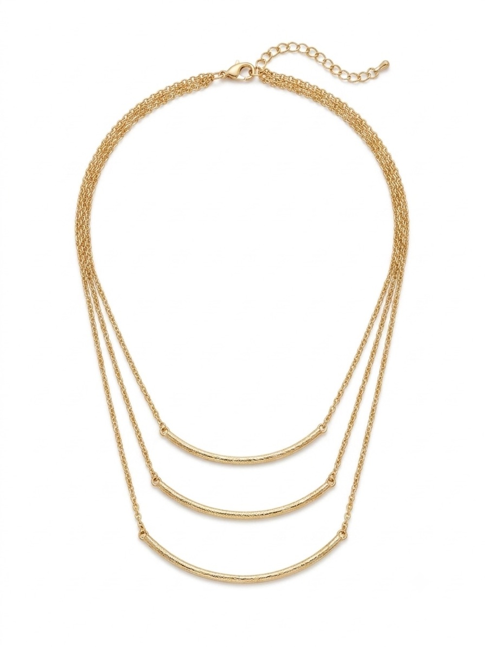 Triple Layered Curved Bar Necklace in Gold Tone 16-17.5 inches